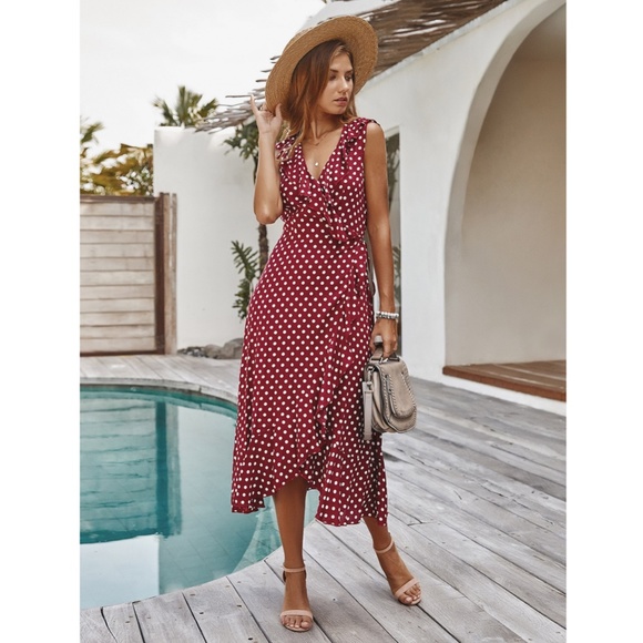 Burgundy Polka Dot Wrap Midi Dress - Picture 5 of 9